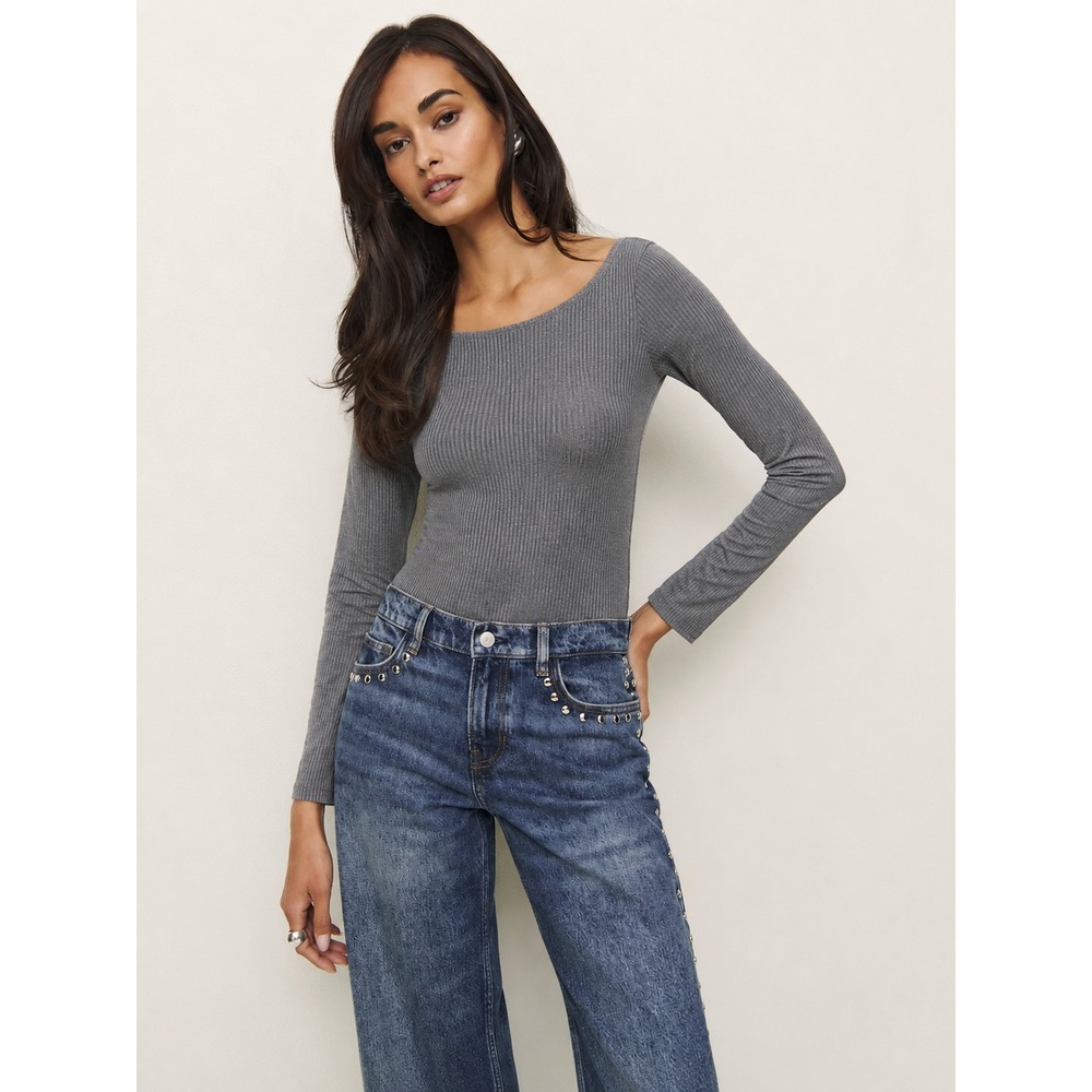 Reformation Serene Knit Ribbed Bodysuit Grey Long Sleeve Capsule Womens Small
